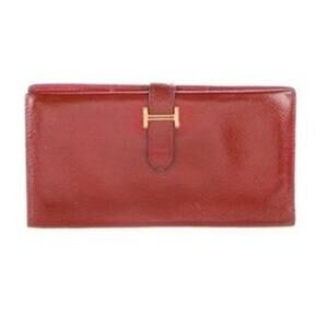 Hermès Red Leather Béarn Wallet 2004 H Square stamp (repainted) W/COA